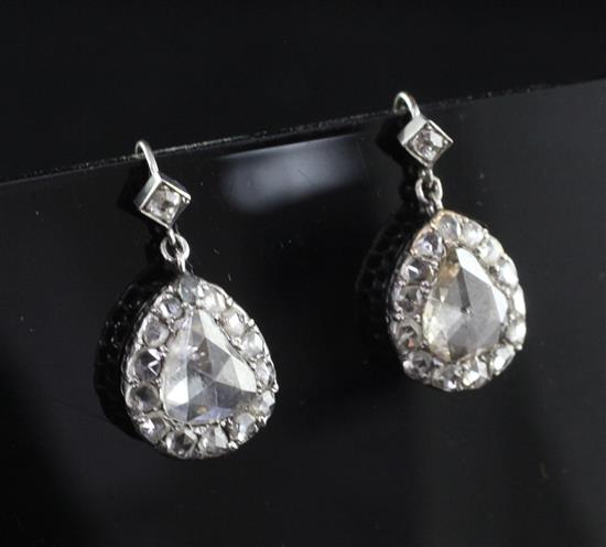 A pair of early Victorian pear shaped diamond drop earrings, drop excl. bale 14mm.